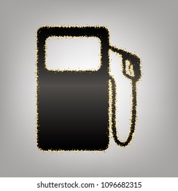 Gas pump sign. Vector. Blackish icon with golden stars at grayish background.
