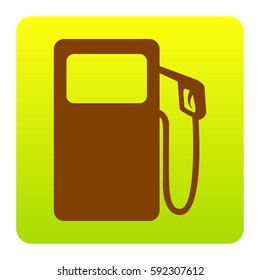 Gas pump sign. Vector. Brown icon at green-yellow gradient square with rounded corners on white background. Isolated.