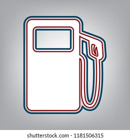 Gas pump sign. Vector. Dark red, transparent and midnight green stroke of white icon at grayish background.
