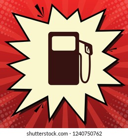 Gas pump sign. Vector. Dark red icon in lemon chiffon shutter bubble at red popart background with rays.