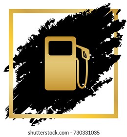 Gas pump sign. Vector. Golden icon at black spot inside golden frame on white background.