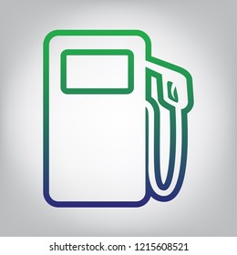 Gas pump sign. Vector. Green to blue gradient contour icon at grayish background with light in center.