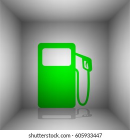 Gas pump sign. Vector. Green icon with shadow in the room.