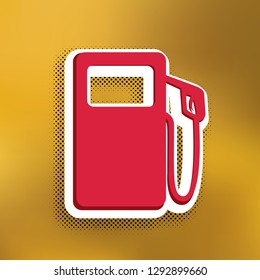 Gas pump sign. Vector. Magenta icon with darker shadow, white sticker and black popart shadow on golden background.