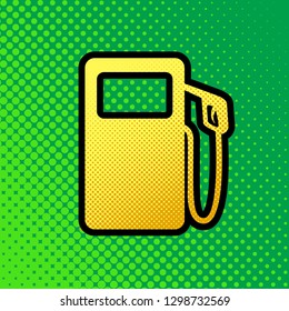 Gas pump sign. Vector. Pop art orange to yellow dots-gradient icon with black contour at greenish background.