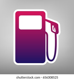 Gas pump sign. Vector. Purple gradient icon on white paper at gray background.