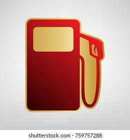 Gas pump sign. Vector. Red icon on gold sticker at light gray background.