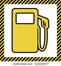 Gas pump sign. Vector. Warm yellow icon with black contour in frame named as under construction at white background. Isolated.
