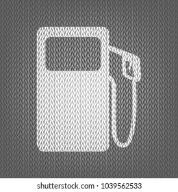Gas pump sign. Vector. White knitted icon on gray knitted background. Isolated.