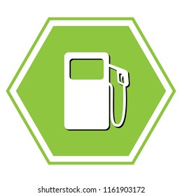 Gas pump sign. Vector. White icon with black shadow at yellow green honeycomb on white background.