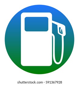Gas pump sign. Vector. White icon in bluish circle on white background. Isolated.