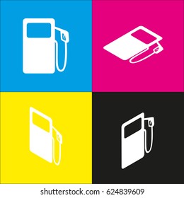 Gas pump sign. Vector. White icon with isometric projections on cyan, magenta, yellow and black backgrounds.