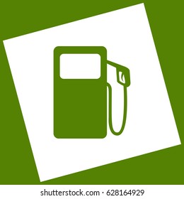 Gas pump sign. Vector. White icon obtained as a result of subtraction rotated square and path. Avocado background.