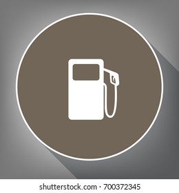 Gas pump sign. Vector. White icon on brown circle with white contour and long shadow at gray background. Like top view on postament.