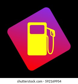 Gas pump sign. Vector. Yellow icon at violet-red gradient square with rounded corners rotated for dynamics on black background.