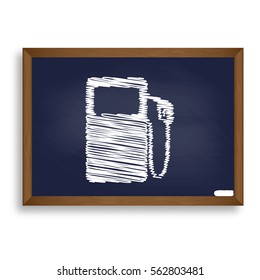Gas pump sign. White chalk icon on blue school board with shadow as background. Isolated.