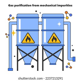 Gas purification from mechanical impurities. Natural gas transportation system. Natural resource extraction industry. Fossil fuel and eco-friendly energy concept. Flat vector illustration