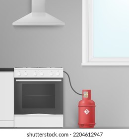 Gas Red Cylinder Connected To Stove Pipe At Kitchen Realistic Vector Illustration. Container Of Butane Dangerous Heat Pressure For Cooking At Cuisine Interior With Hood And Window. Household Propane