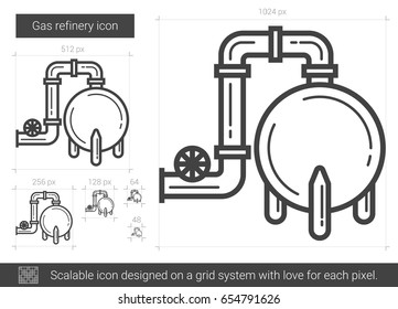 Icono de línea vectorial de refinería de gas aislado en fondo blanco. Icono de línea de refinería de gas para infografía, sitio web o aplicación. Icono escalable diseñado en un sistema de cuadrícula.