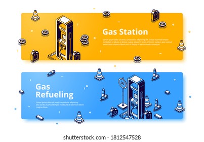 Banner de red isométrica de la estación de reabastecimiento de gas, servicio de combustible de petróleo, gasolina, gasóleo o gasóleo que se rellena con pistolas, mangueras, conos de tráfico y cartucho. 3d encabezado o pie de página del sitio de arte de línea vectorial