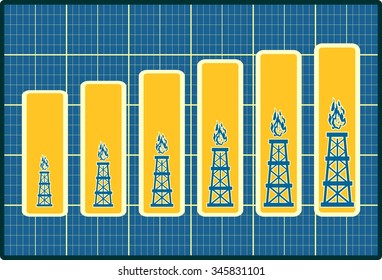 Gas rig icons on blueprint chart diagram. Consumption growth. Image relative to increase gas production.
