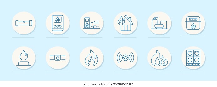 Symbol für Gassicherheitsgruppe. Gasrohr, Herd, Tankstelle mit Auto, brennendes Haus, Tank, Ofen, Brennflamme, Gasventil, Flammensymbol, Alarm, Kosten, Herdbrenner.