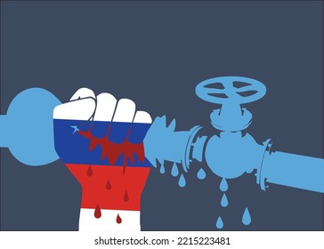 gas sanctions. A hand with a Russian flag crushes a gas pipe. Vector illustration