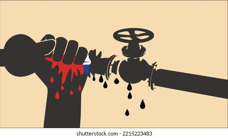 gas sanctions. A hand with a Russian flag crushes a gas pipe. Vector illustration