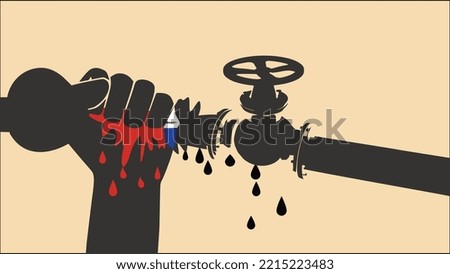 gas sanctions. A hand with a Russian flag crushes a gas pipe. Vector illustration