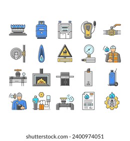 gas service energy power fuel icons set vector. control industry petrol, business gasoline, technician pump, station home, engineer gas service energy power fuel color line illustrations