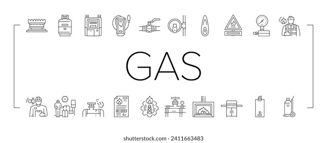 gas service energy power fuel icons set vector. control industry petrol, business gasoline, technician pump, station home, engineer gas service energy power fuel black line illustrations