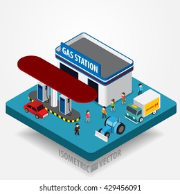 Gas station 3d isometric. Gas station concept. Gas station flat vector illustration. Fuel pump, car, shop, oil station, gasoline. Gas station EPS. Refilling cleaning shopping service.