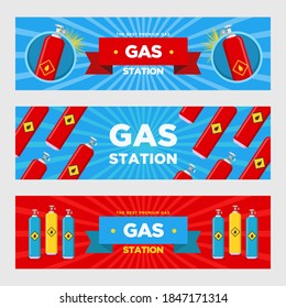 Gas station banners set. Cylinders and balloons with flammable sign vector illustrations with advertising text. Templates for fueling station flyers or signboards