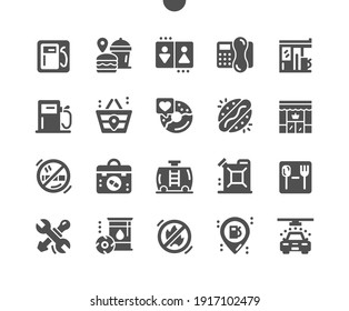 Gas station. Barrel of gasoline. Car wash services. Transport, repairs, energy, industry, benzine, gasoline, service, diesel. Vector Solid Icons. Simple Pictogram