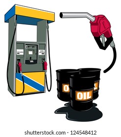 Gas station and barrels of oil and gas nozzle