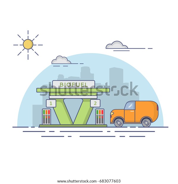 Gas station of\
bio fuel with the car in linear flat style a vector.city gas\
station with a column and a gun. Urban landscape skyscrapers and\
SUV. Fuel petrol station.Gas Pump\
.