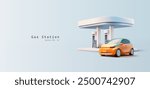 Gas station building and car, 3D. Realistic modern image for advertising and branding of oil products, gas station business, quality fuel, sale, price. Vector illustration.