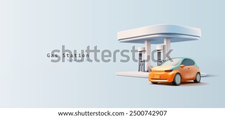 Gas station building and car, 3D. Realistic modern image for advertising and branding of oil products, gas station business, quality fuel, sale, price. Vector illustration.