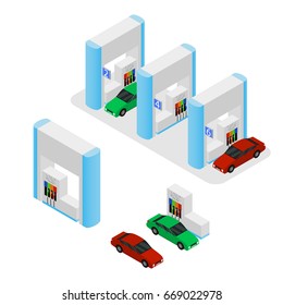 Gas Station Building and Cars Isometric View Element Part Set of Design Urban Landscape. Vector illustration