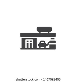 Gas station building vector icon. Petroleum filled flat sign for mobile concept and web design. Pump oil with car glyph icon. Symbol, logo illustration. Vector graphics