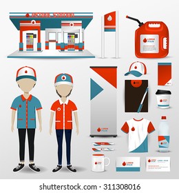 Gas Station Business Brand Logo Design For Employee Uniform Clothes, Petrol Station Building, Promotion Card Badge Label, Gift And Accessories Tool Icon Set In Isolated Background