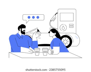 Gas station cafe abstract concept vector illustration. Smiling couple drinking coffee at gas station cafe together, enjoying hot drinks, personal transport owners, car services abstract metaphor.