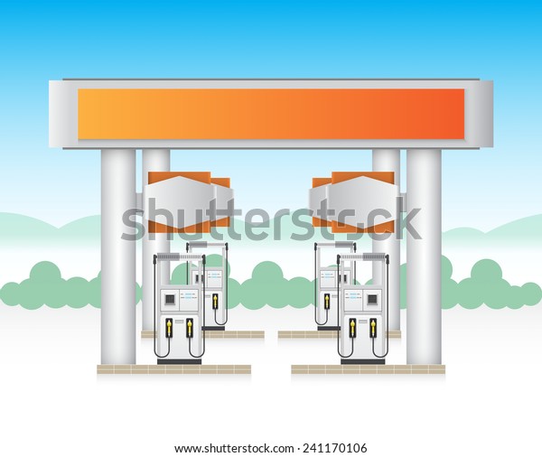 Gas station also called service station or petrol\
station to sells fuel and gasoline for car and motor vehicles.\
Including with fuel dispenser, gas nozzle, building and nature sky\
background. Vector.