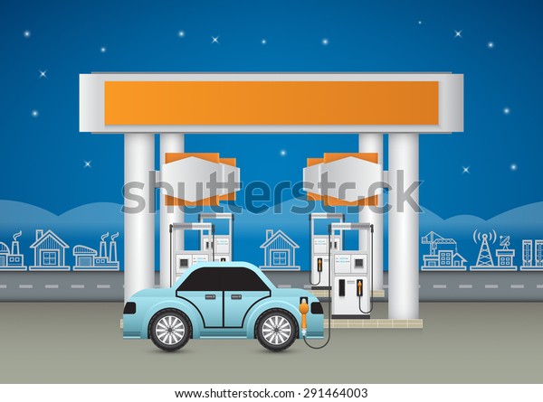 Gas station also called service station or\
petrol station to sells fuel and gasoline for car and motor\
vehicles. Including with car or vehicle, fuel dispenser, building\
and night city background.
