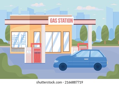 Gas station and car in city flat color vector illustration. Gasoline and diesel to refuel. Fully editable 2D simple cartoon cityscape with buildings on background. Bebas Neue font used