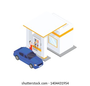 Gas station with car. Isometric vector illustration