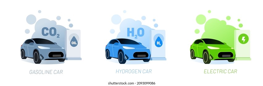 Concepto de ilustración vectorial de los tipos de gasolineras y de vehículos. Comparación entre el petróleo, el hidrógeno y los coches eléctricos con diferentes tipos de emisiones. Plantilla para banner de sitio web, correo, campaña publicitaria 