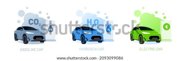 Gas station and car types vector illustration concept.\
Petroleum, hydrogen and electric cars comparisson with different\
emission types. Template for website banner, mailing, advertising\
campaign 