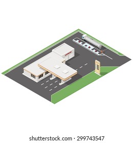 Gas station and car wash service isometric icons set vector graphic illustration