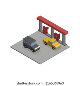 gas station with cars isometric vector icon